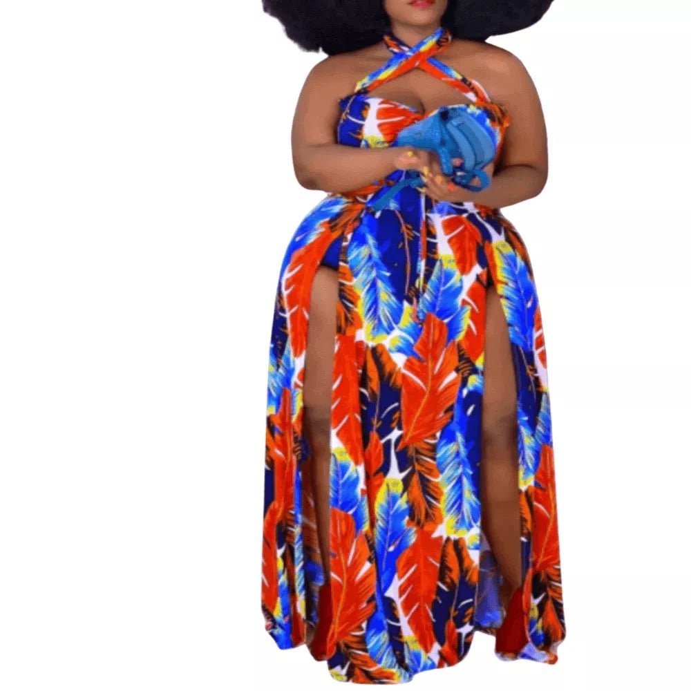 Feather Print Halter Maxi Dress Plus Size | High Slit | London's Closet London's Closet Boutique Feather Print Halter Maxi Dress Plus Size | High Slit | London's Closet London's Closet Boutique