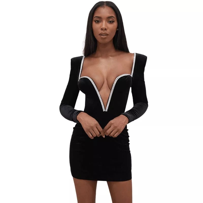 Black Velvet Sparkle Dress | V-Neck Bodycon Mini | London's Closet London's Closet Boutique Black Velvet Sparkle Dress | V-Neck Bodycon Mini | London's Closet London's Closet Boutique