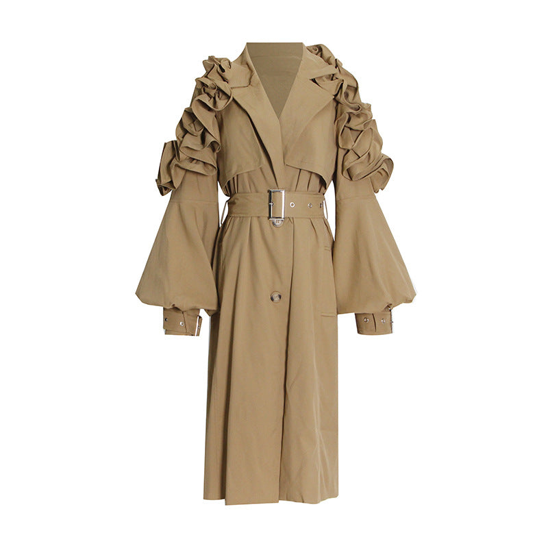 Women’s Elegant Long Sleeve Windbreaker Coat – Single-Breasted Slim Fit High-Grade Outerwear with Ruffle and Belt Detail