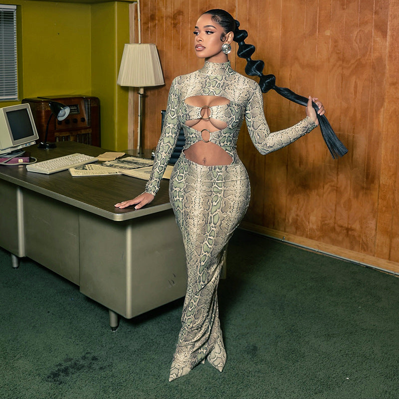 Women’s Snake Print Cutout Maxi Dress – Slim Fit Bodycon Long Sleeve Ring Detail Party Dress