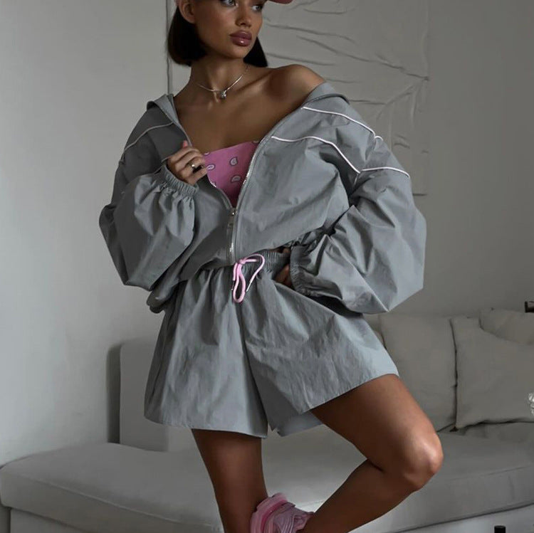 Gray Zip-Up Jacket & Shorts Set - Loose Fit Collared Athleisure 2-Piece Set