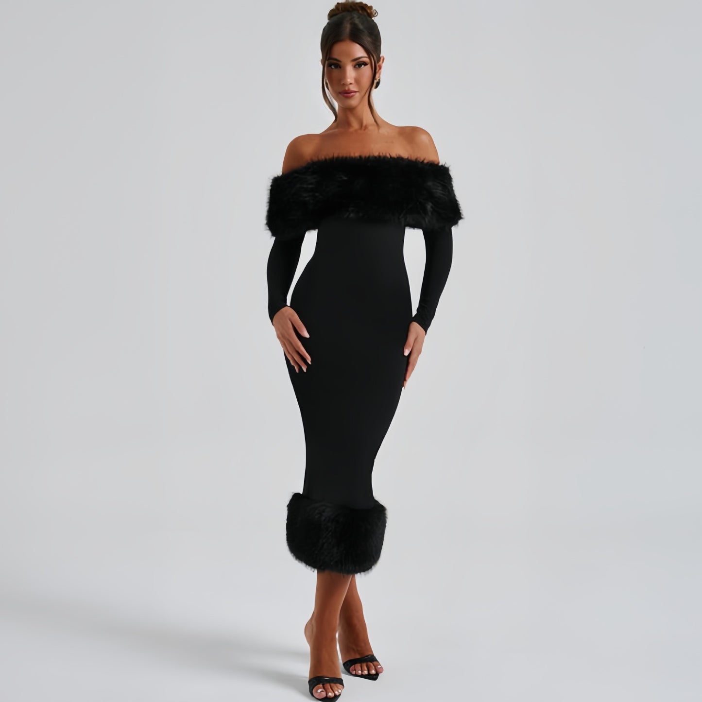 Women’s Off-Shoulder Feather Trim Bodycon Midi Dress – Elegant Formal Evening Dress