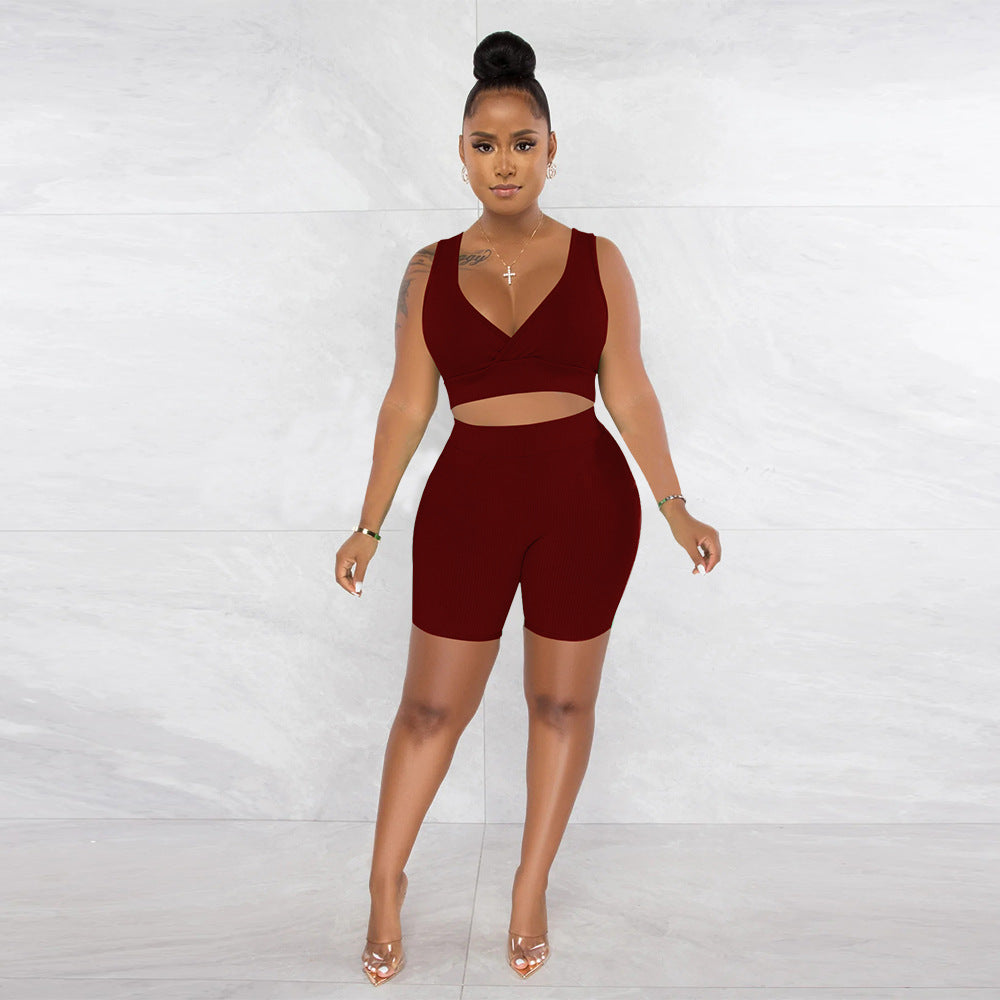 Women Clothing Solid Color V neck Sleeveless Sports Two Piece Set