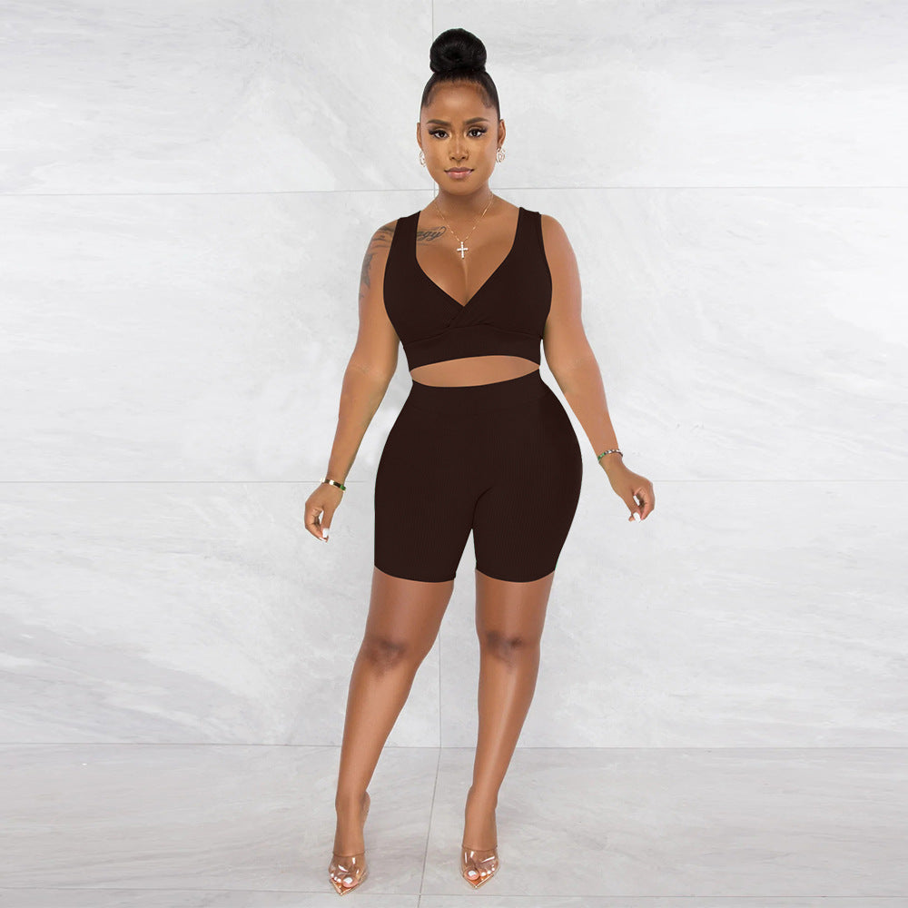 Women Clothing Solid Color V neck Sleeveless Sports Two Piece Set