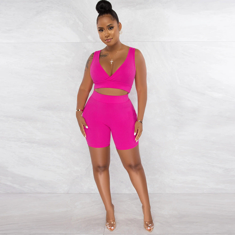 Women Clothing Solid Color V neck Sleeveless Sports Two Piece Set