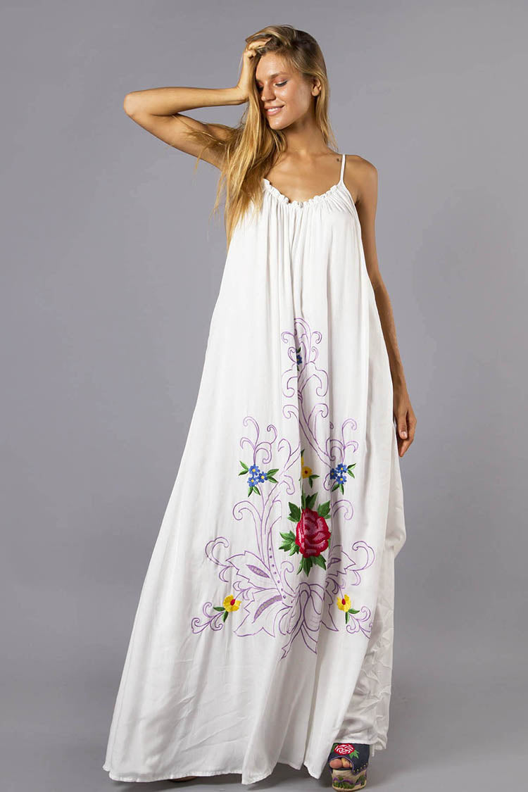 Floral Embroidered Boho Maxi Dress - Loose Fit Sleeveless Sundress