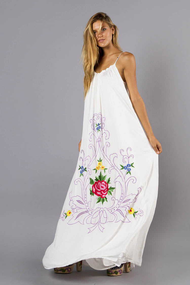 Floral Embroidered Boho Maxi Dress - Loose Fit Sleeveless Sundress