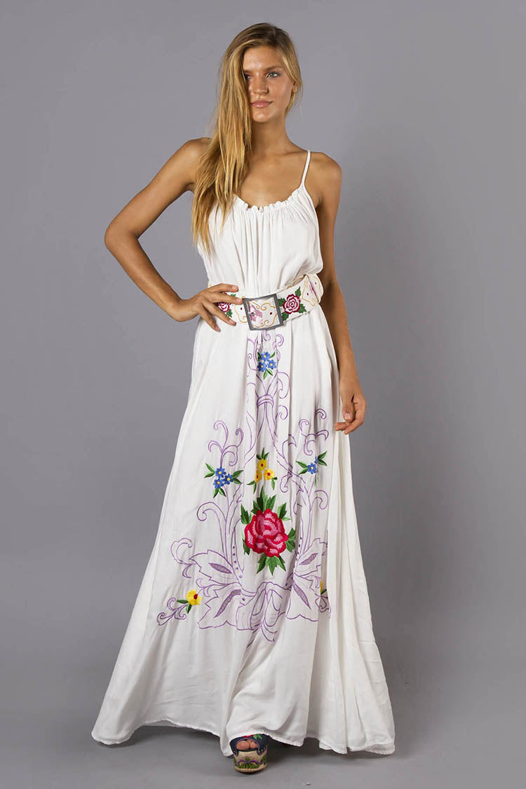 Floral Embroidered Boho Maxi Dress - Loose Fit Sleeveless Sundress