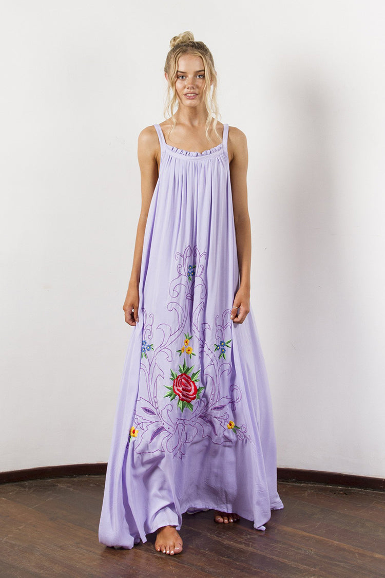 Floral Embroidered Boho Maxi Dress - Loose Fit Sleeveless Sundress