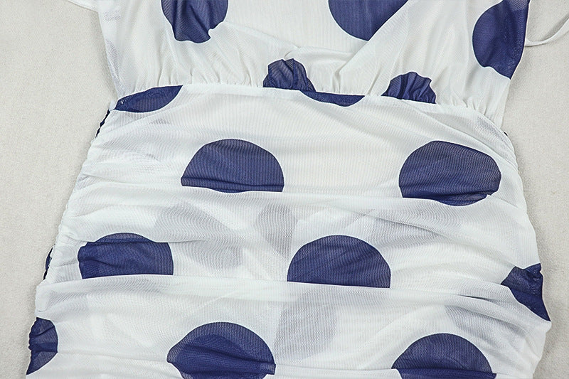 Women’s Polka Dot Backless Maxi Dress – Sleeveless Bodycon Split Dress with Ruched Tie Detail