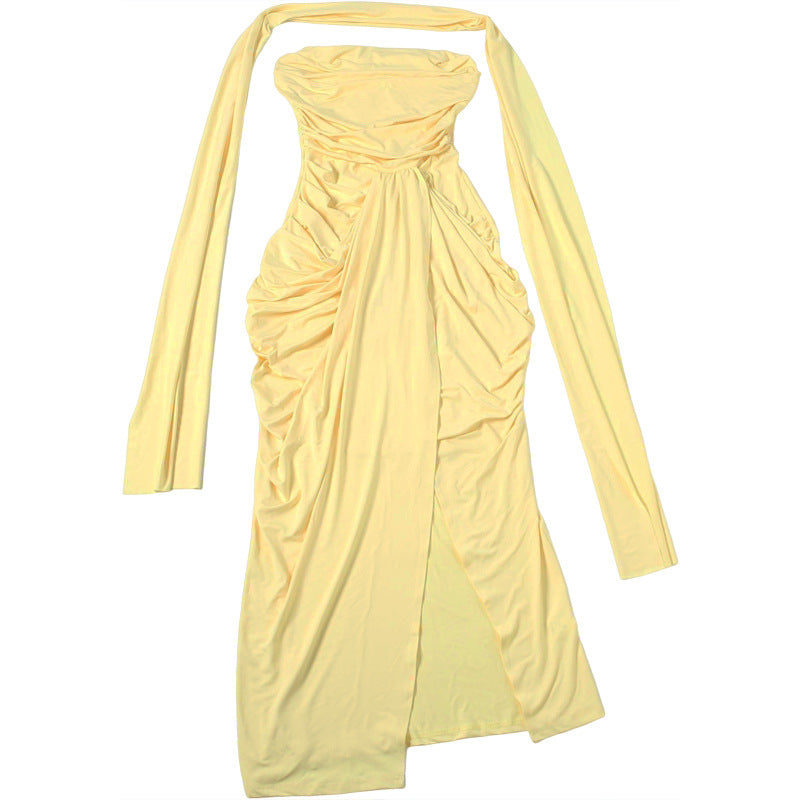 Women's Sexy Strapless Maxi Dress – Slim Fit Ruched Slit Formal Party Dress