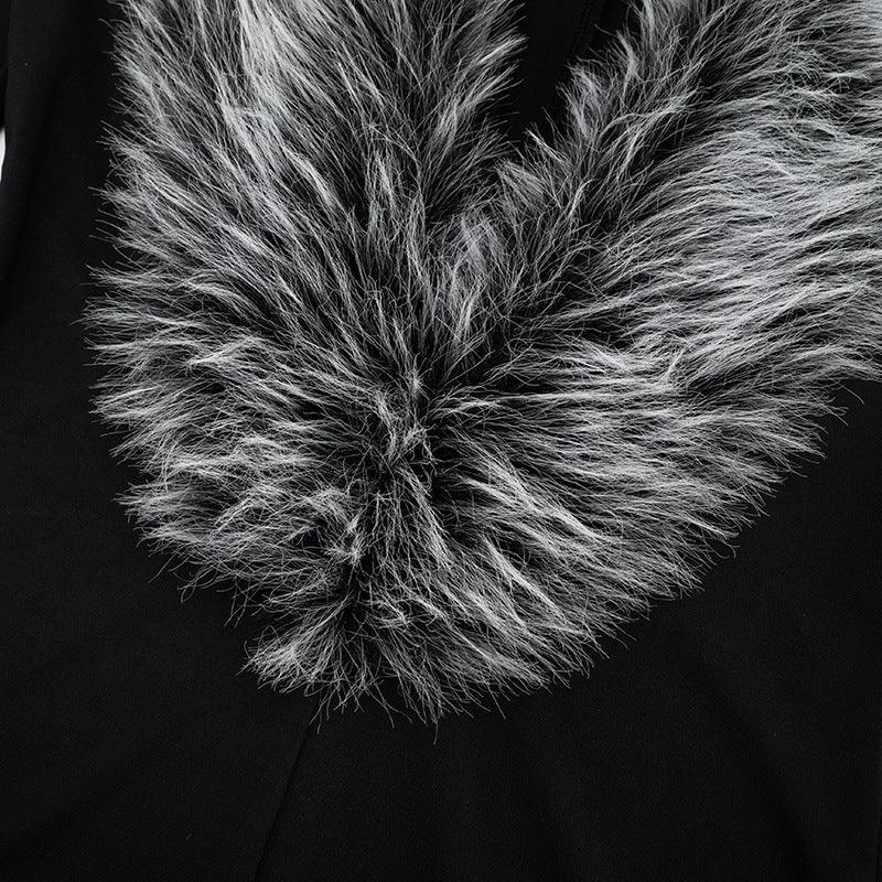 Fur Collar V-Neck Long Sleeve Romper – Elegant Tight-Fitting Autumn Winter Wear