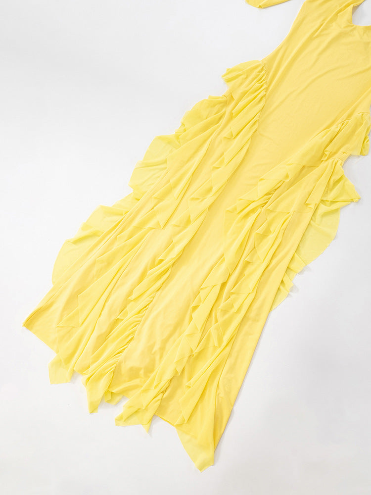 Backless Halter Maxi Dress: Sleeveless Ruffle Trim Lace-Up Detail