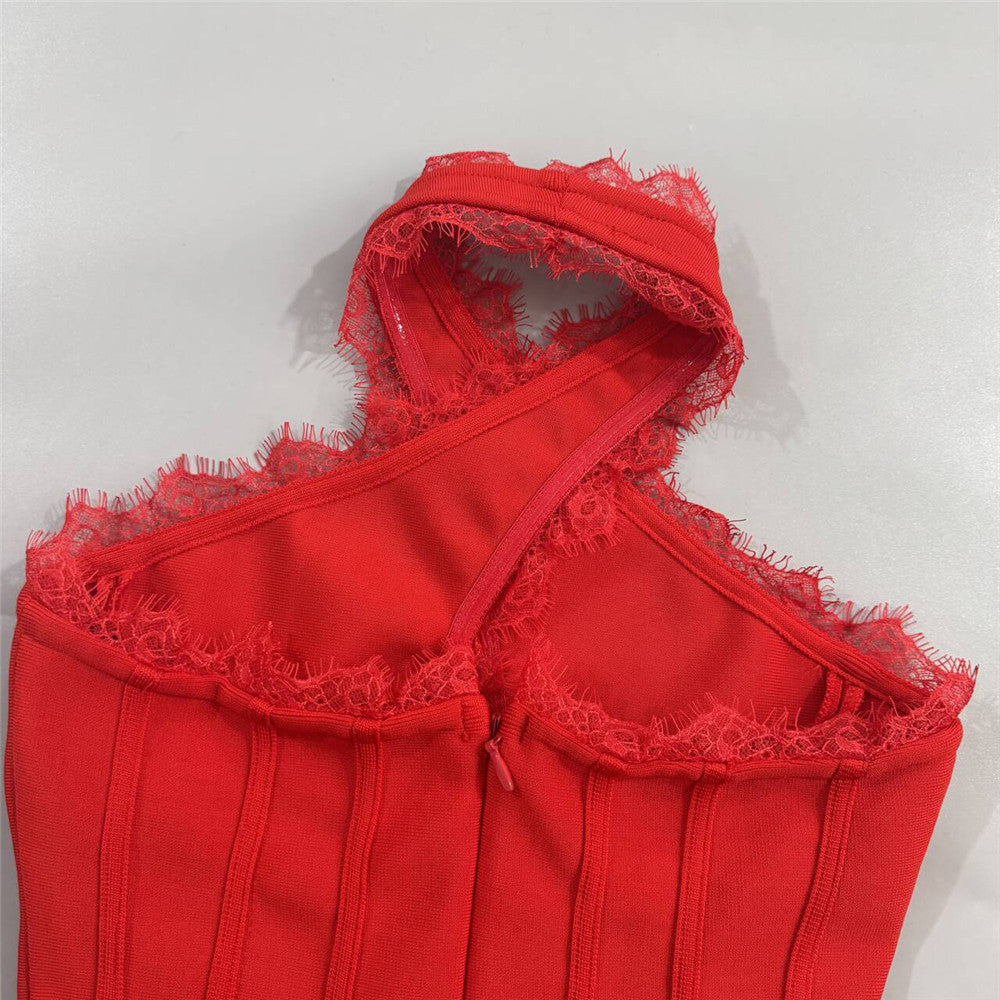 Red Floral Bandage Mini Dress: Halter Backless Lace Trim