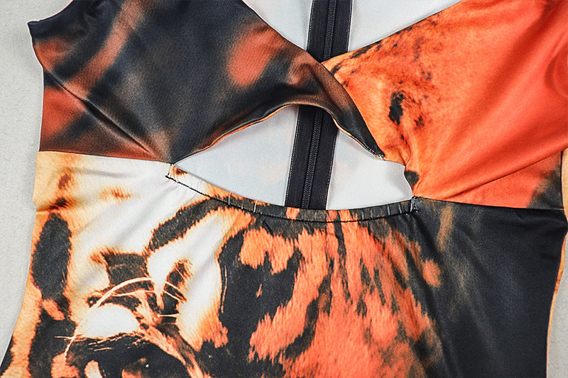 Women’s Tiger Print Jumpsuit – Sleeveless V-Neck Slim Fit, Full Length