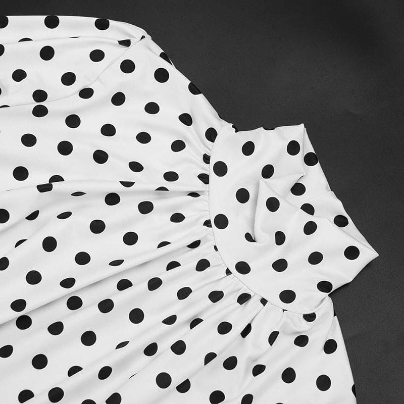 Women's Polka Dot Long Sleeve Mini Dress – High Neck Drawstring Bodycon Dress