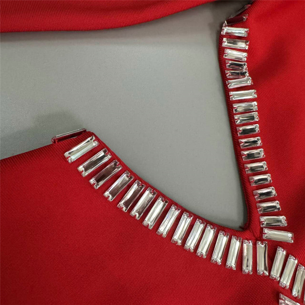 Rhinestone Cutout Bandage Dress: Long Sleeve Hollow-Out Bodycon