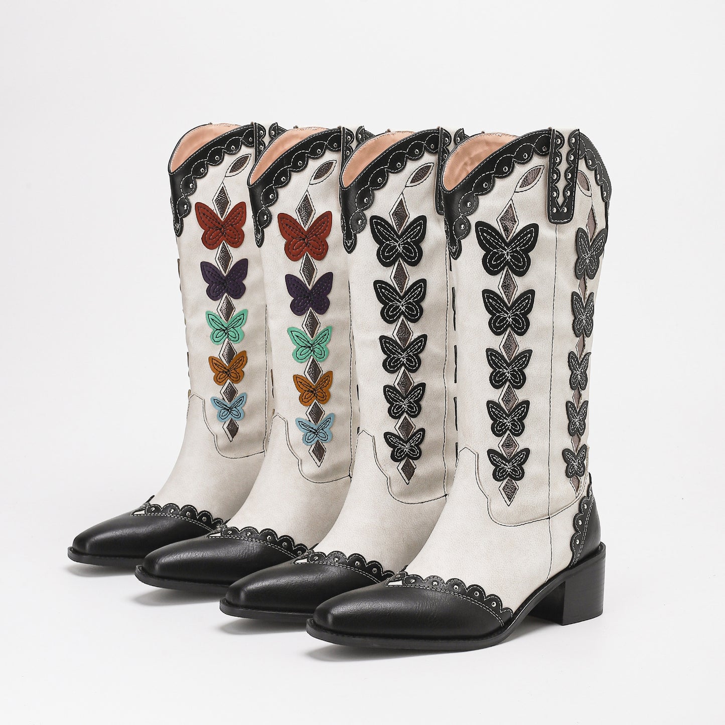 Chunky Heel Butterfly Denim Cowboy Boots