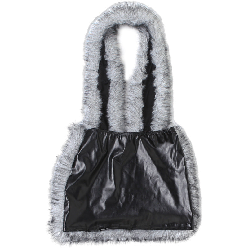 Faux Leather Halter Dress: Deep V Plunge Neck with Fur Trim Stitching
