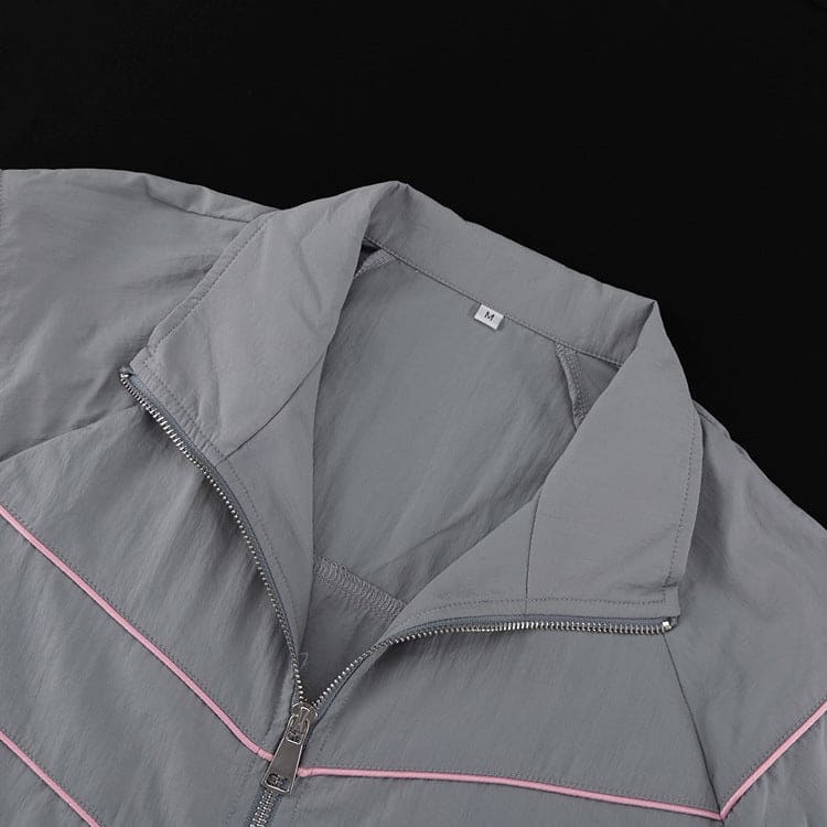 Gray Zip-Up Jacket & Shorts Set - Loose Fit Collared Athleisure 2-Piece Set