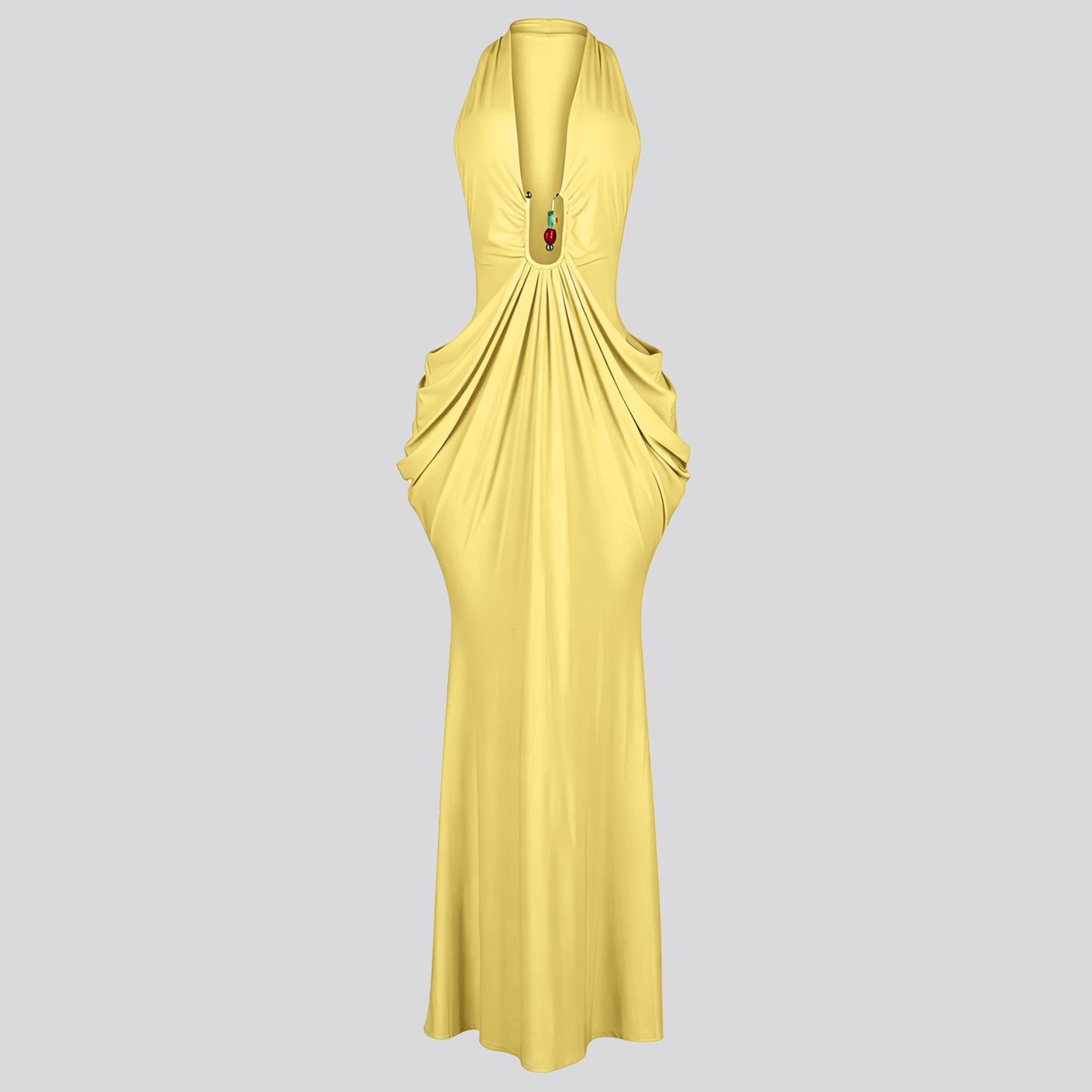 Women's Halter V-Neck Maxi Dress – Sexy Backless Lace-Up Ruched Bodycon Dress