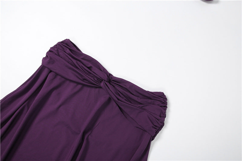 Deep V-Neck Ruched Twisted Crop Top & Asymmetric Midi Skirt Set | Sleeveless Two-Piece Set | Purple | Sizes S-L