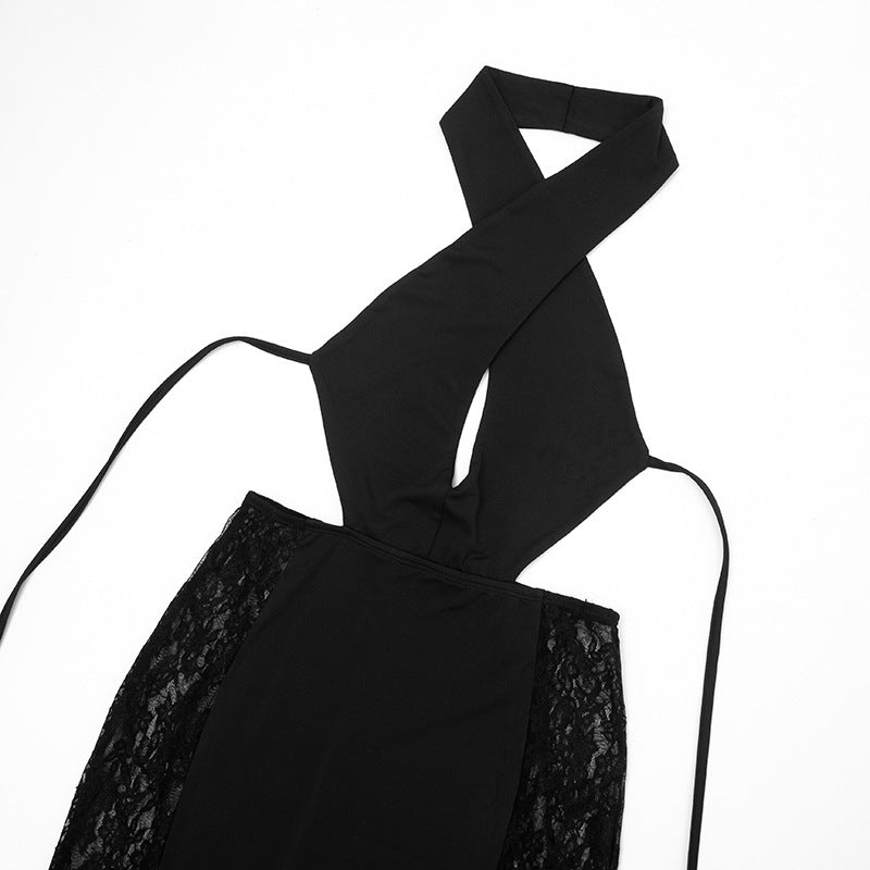 Black Hollow Out Cutout Maxi Dress – Sexy Halter Lace Long Sleeve Bodycon Dress