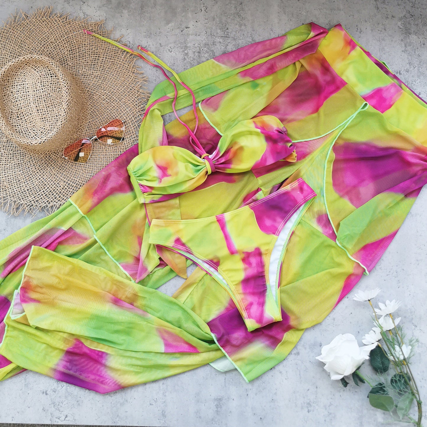 Women’s 3-Piece Boho Bikini Set – Halter Lace-Up Tube Top with Sheer Mesh Pants, Summer Swimsuit