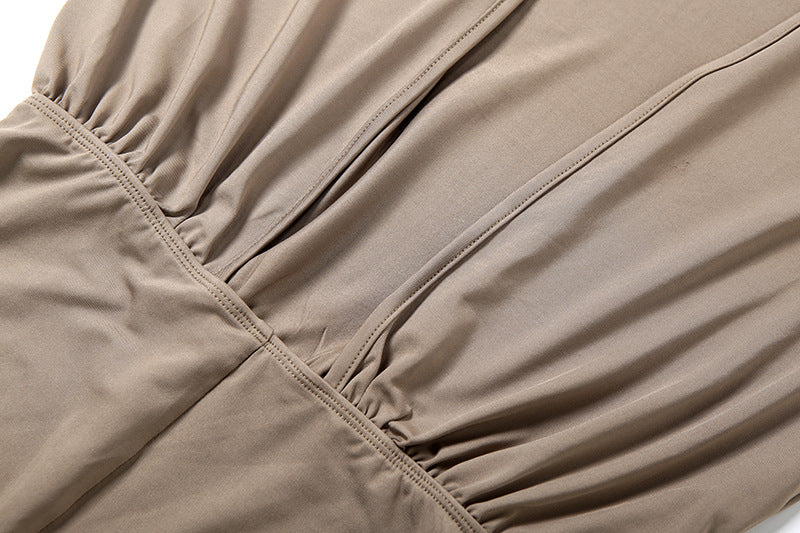 Khaki Backless Jumpsuit - Long Sleeve Ruched Bodycon Romper