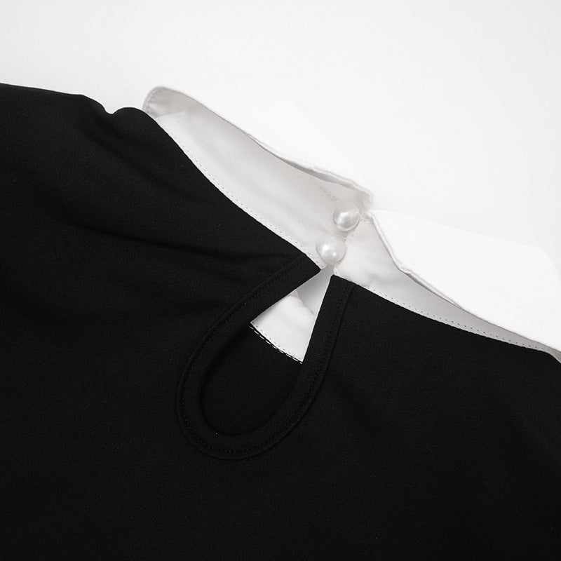 Women’s Patchwork Polo Collar Mini Dress – Color Block Slim Fit Daily Wear