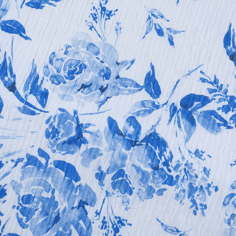 Blue & White Printed Fishtail Dress: Half Turtleneck Long Sleeve Maxi