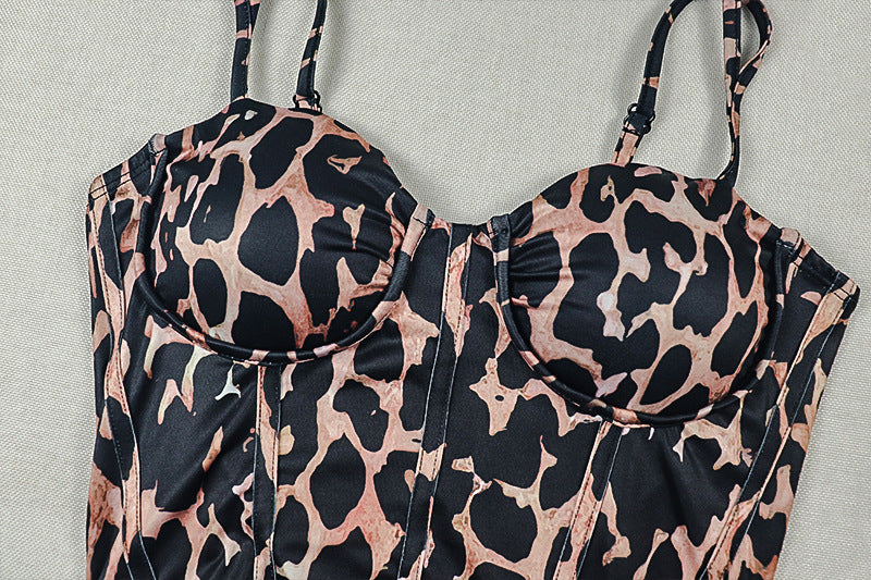 Leopard Print Corset Halter Split Maxi Dress | Backless Ruched Bodycon Formal Dress | Sizes S-L