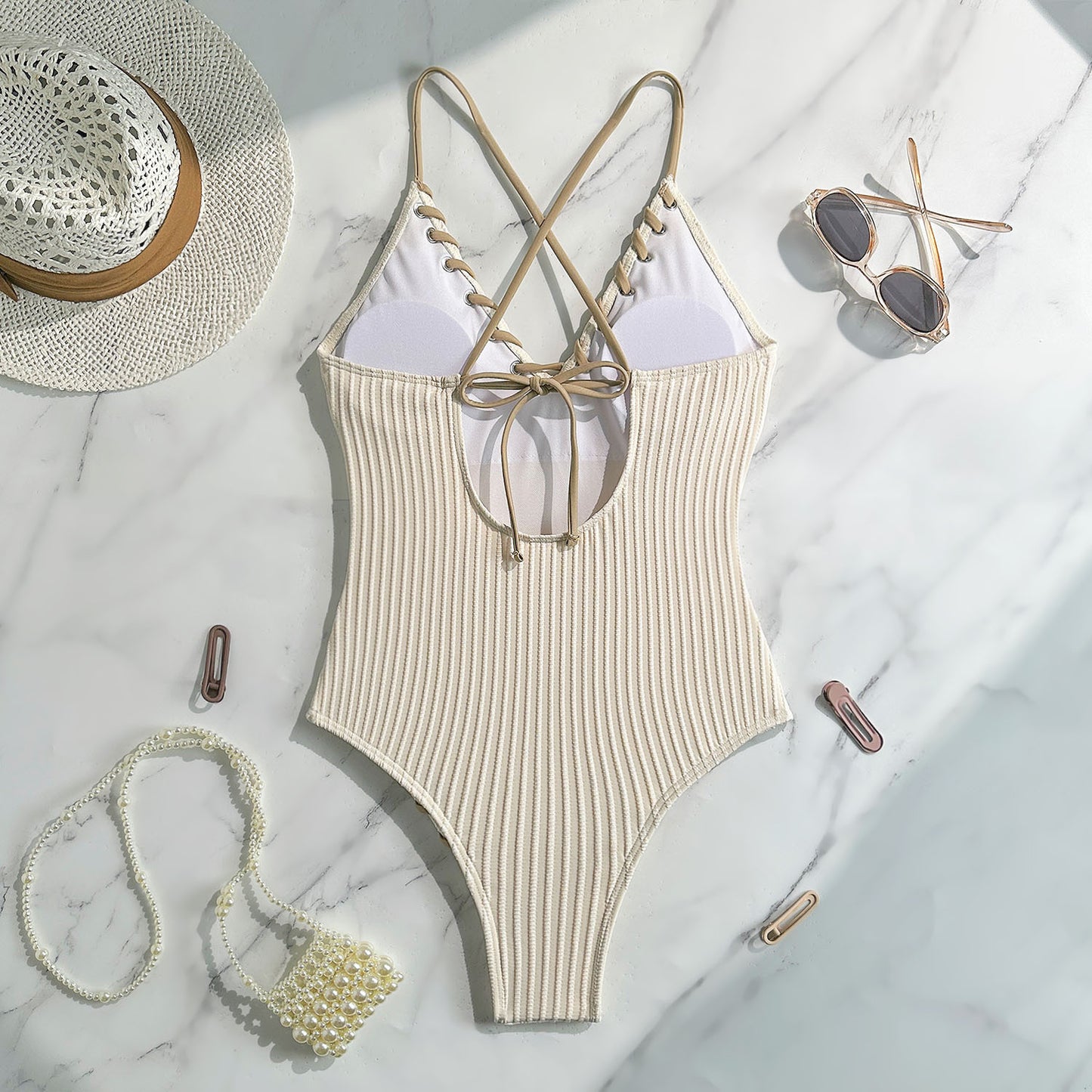 Striped Tie-Back Backless Cutout One-Piece Swimsuit - Sling Boho Vacation Swimwear