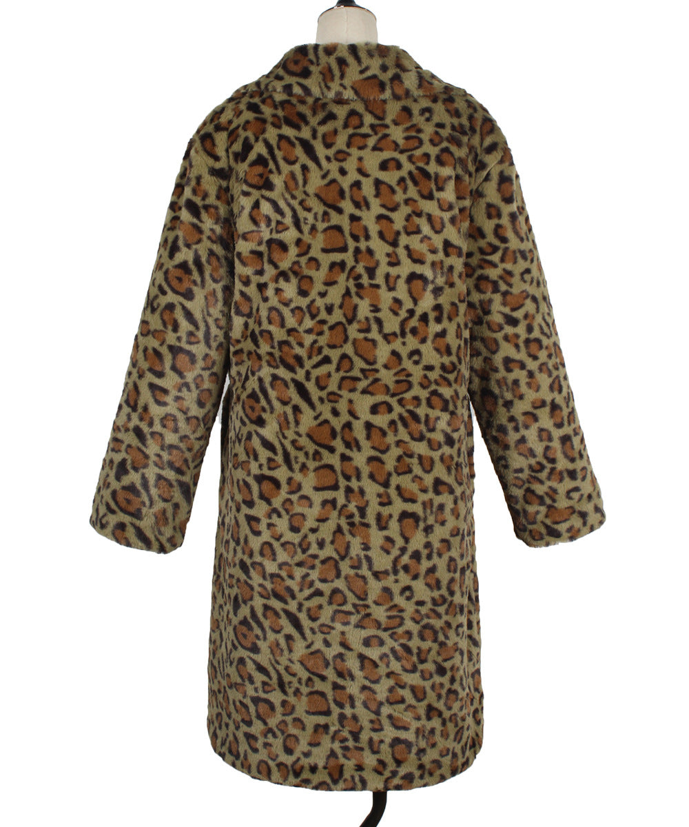 Casual Leopard Print Faux Fur Trench Coat: Square Collar Plush Longline Jacket