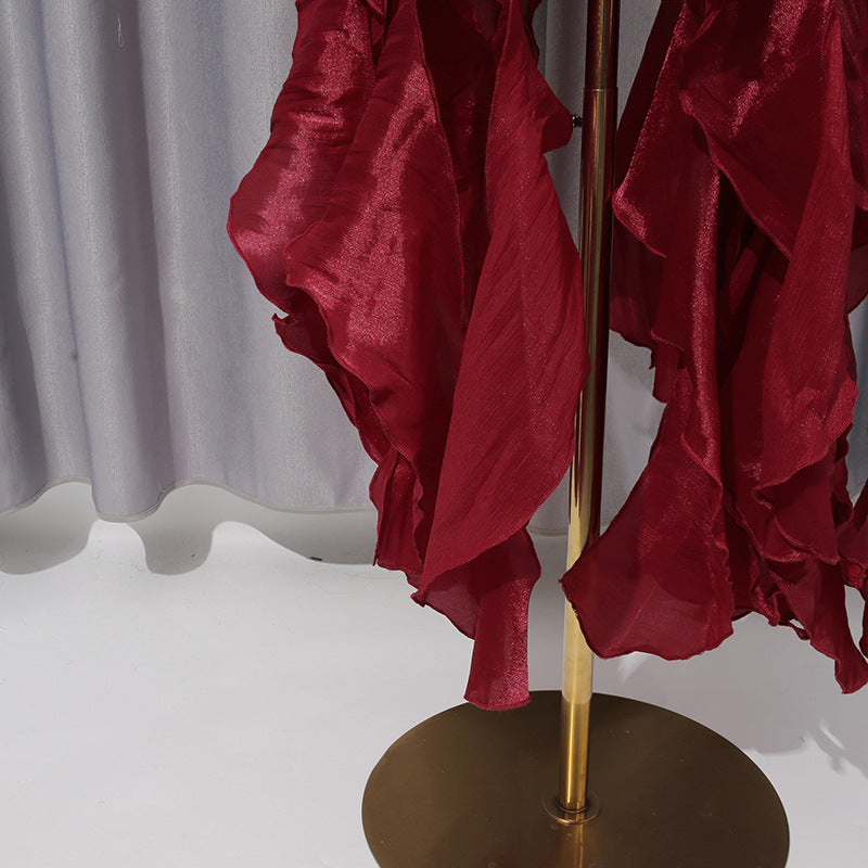 🍷 Ruby Luxe Rhinestone Ruffle High-Low Dress