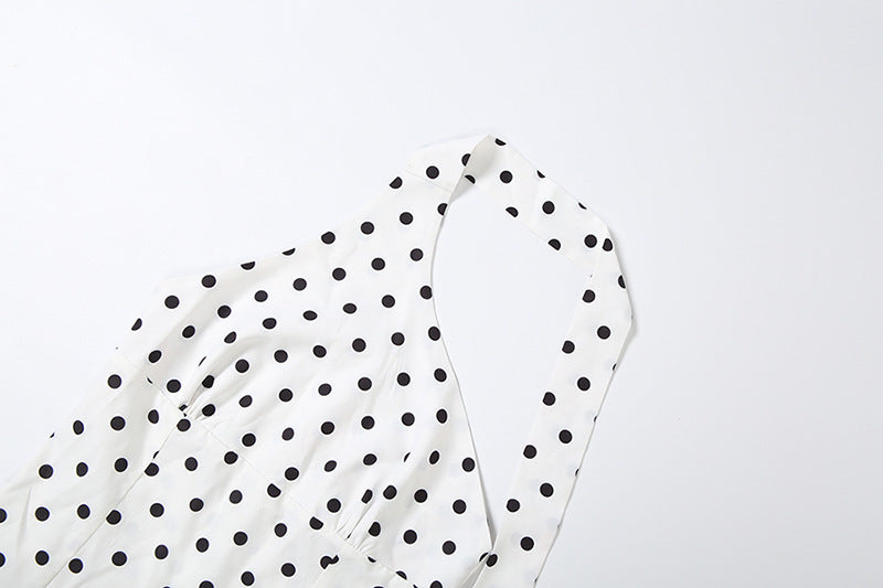 Polka Dot Halter Mini Dress | Ruched Asymmetric A-Line Party Dress | Beige