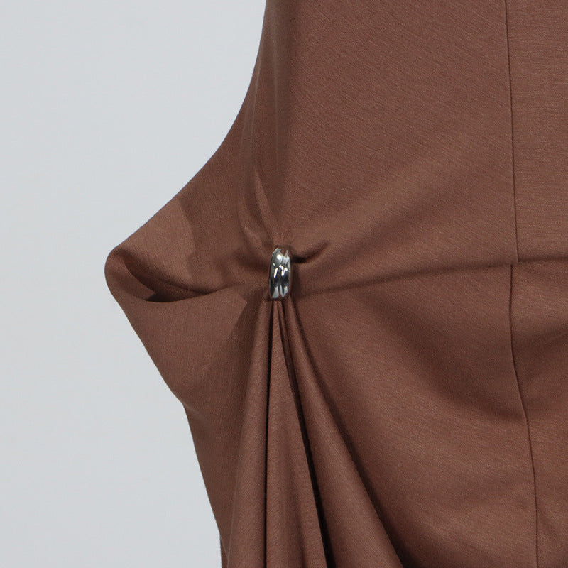 Brown Elegant Pleated V-Neck Maxi Dress