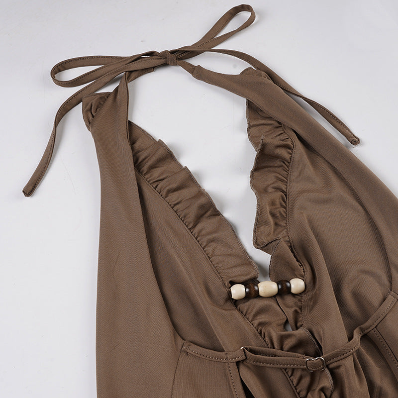 Brown Halter Ruffle Dress - Backless Asymmetric Pleated Mini Dress