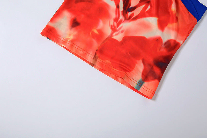 Red Floral Halter Crop Top & Maxi Skirt Set - Color Block Ring Tie 2-Piece Set