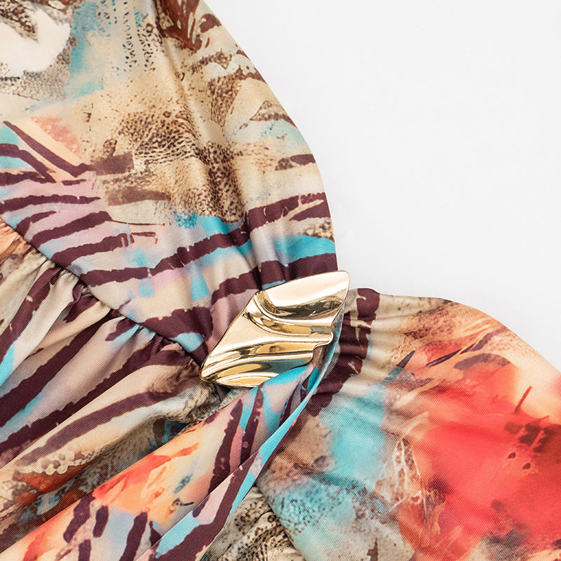 Sweetheart Ruched Bodycon Mini Dress - Sleeveless Abstract Print Vacation Dress