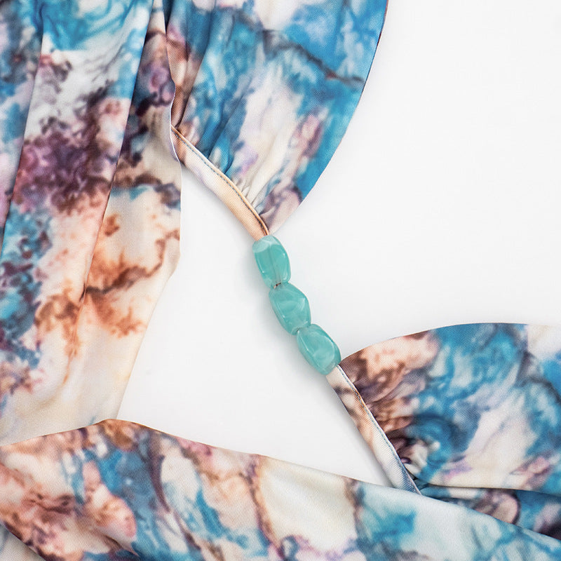 Floral Print Halter Neck Cutout Backless Crop Top & Ruffle Midi Skirt Set | Sleeveless Boho Two-Piece Set | Blue | Sizes S-L