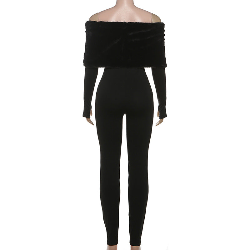 Women’s Off-the-Shoulder Slim Fit Jumpsuit – Long Sleeve Furry Patchwork Full-Length Party Outfit
