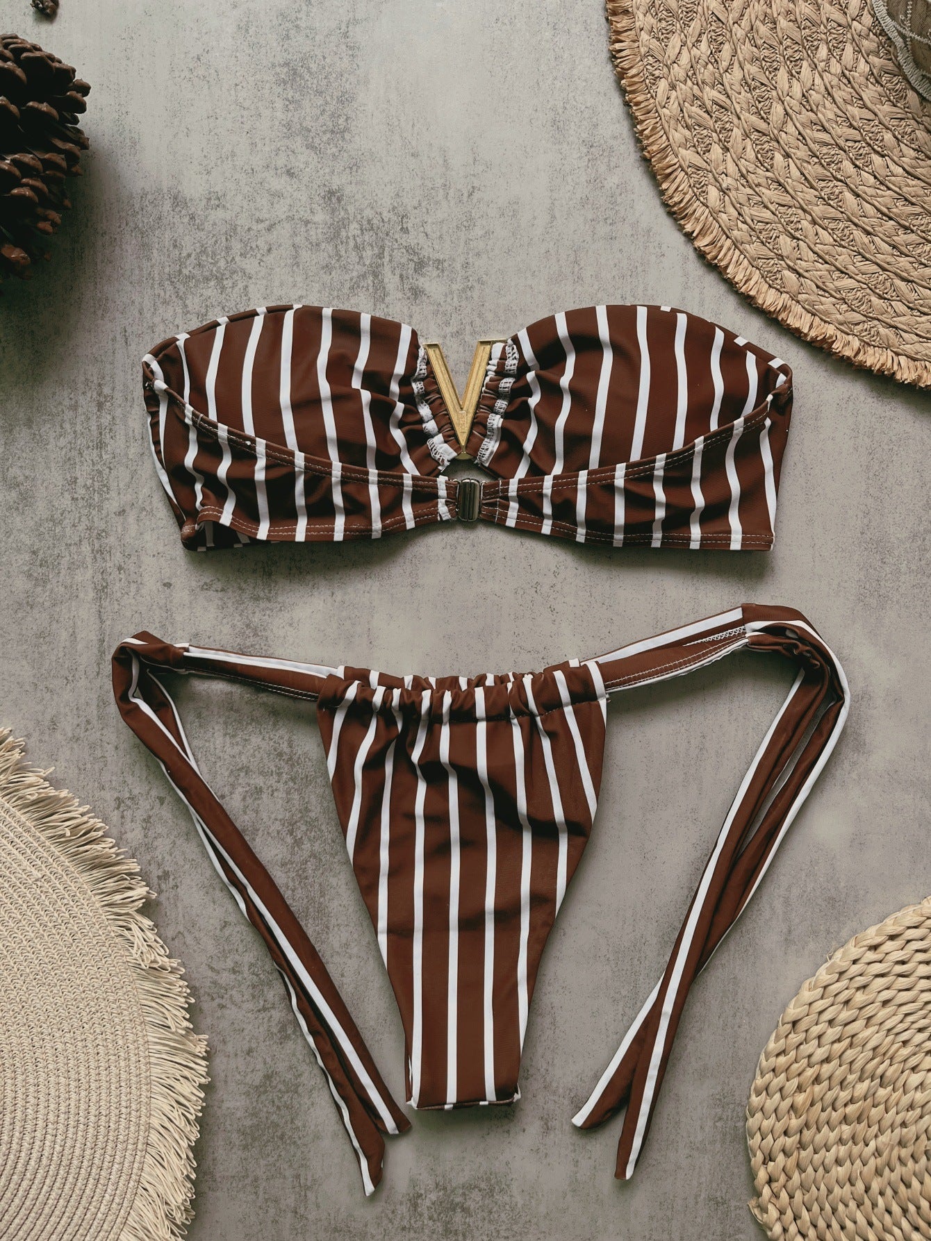 Striped Strapless Ruched Tie Bikini Set | Boho Beach Swimsuit | 3 Colors | Sizes S-L
