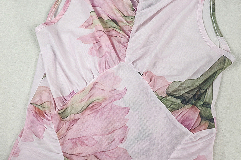 Apricot Pink Floral V-Neck Maxi Dress - Ruched Sleeveless Bodycon Dress