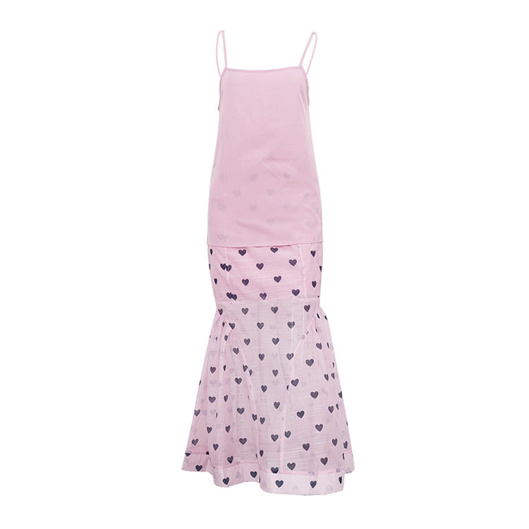 Women’s Three Piece Skirt Set – Elegant Heart Print Top and Maxi Skirt