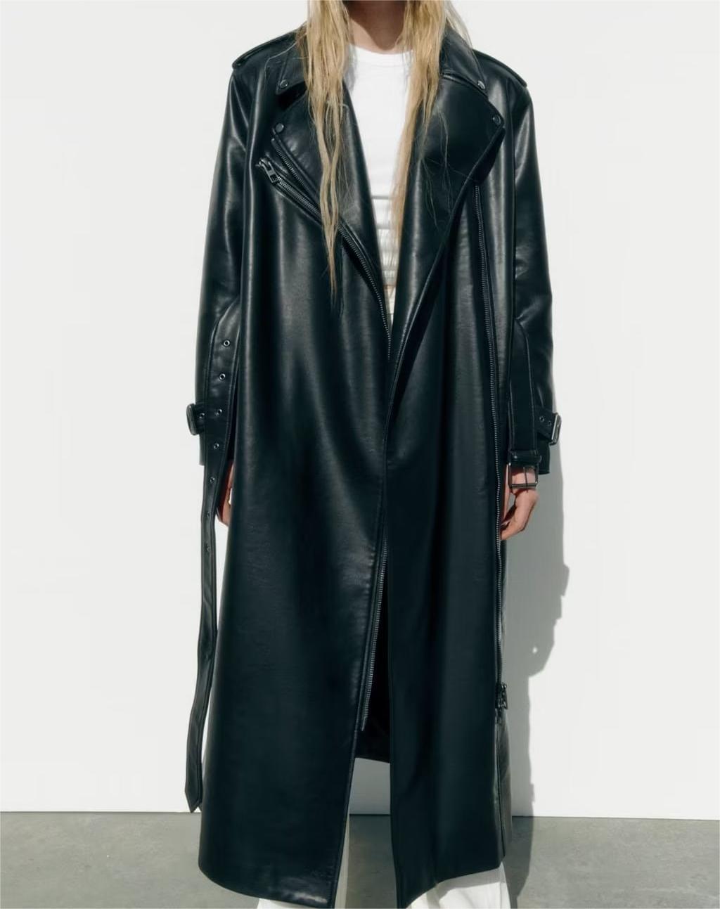 Black Faux Leather Trench Coat for Women: Fall Outerwear with Belt