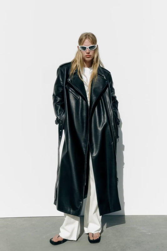 Black Faux Leather Trench Coat for Women: Fall Outerwear with Belt