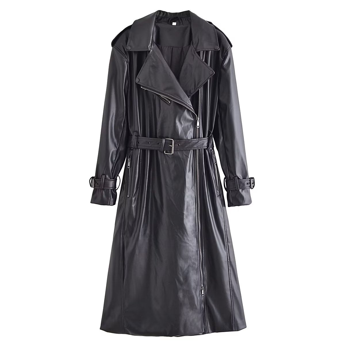 Black Faux Leather Trench Coat for Women: Fall Outerwear with Belt