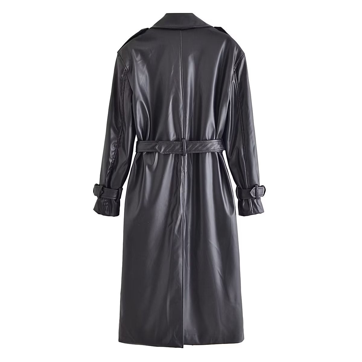 Black Faux Leather Trench Coat for Women: Fall Outerwear with Belt