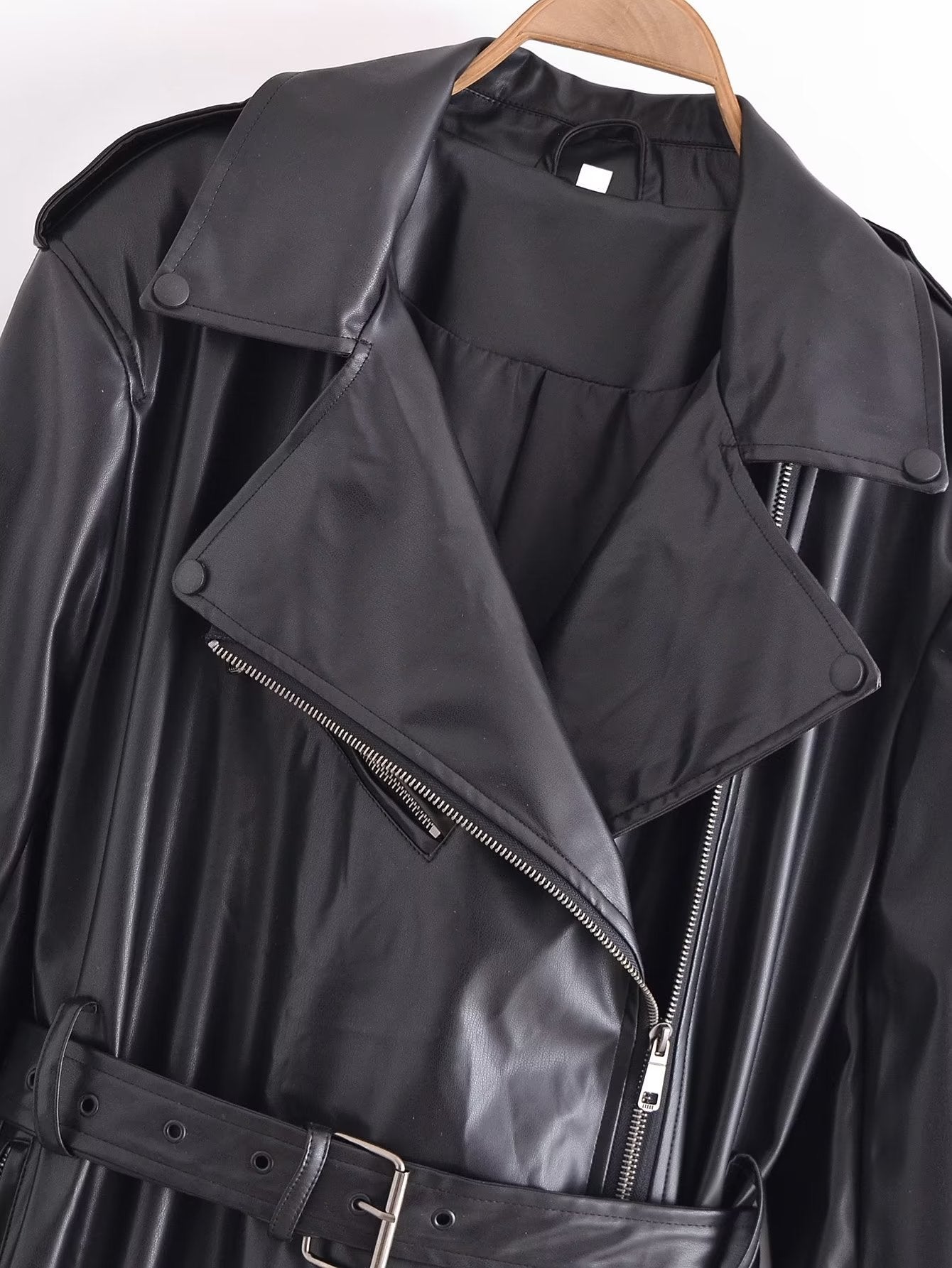 Black Faux Leather Trench Coat for Women: Fall Outerwear with Belt